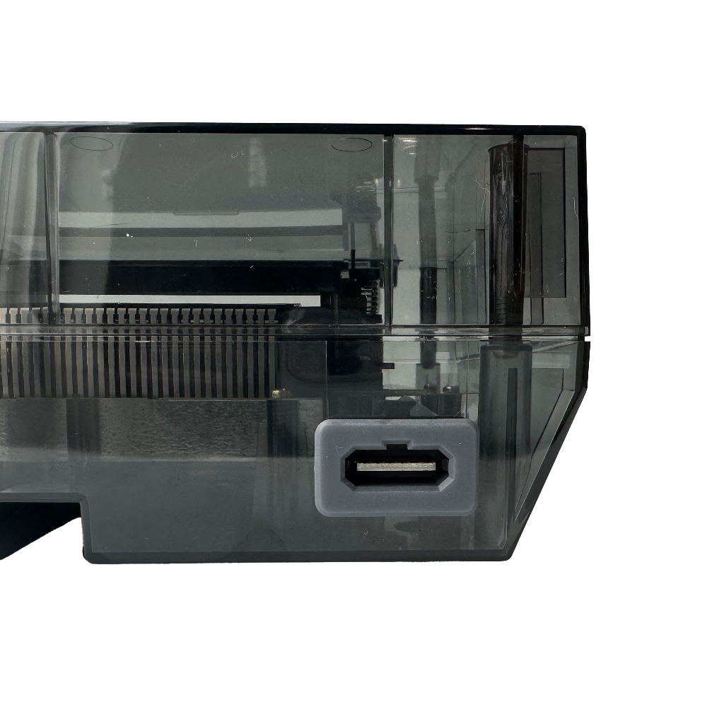 Back of custom transparent black NES with LaserBear and Volutar Nintendo style multi-out installed
