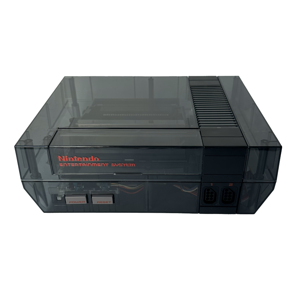 Front of a custom Nintendo NES console with a transparent black shell