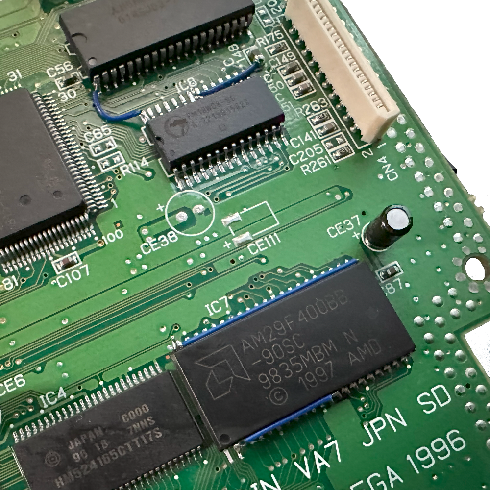 Closeup of Region Free BIOS and FRAM upgrade on VA7 SEGA Saturn motherboard