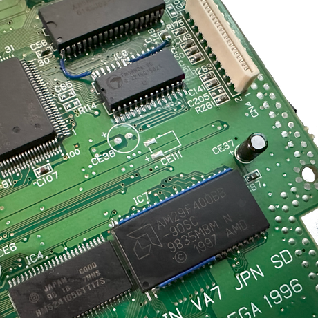 Closeup of Region Free BIOS and FRAM upgrade on VA7 SEGA Saturn motherboard