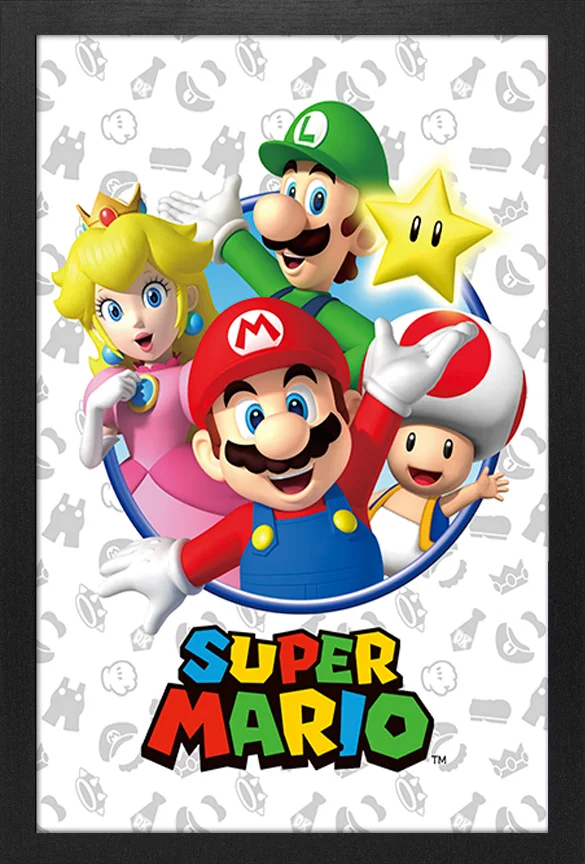 Framed Art - Super Mario Luigi Peach & Toad - 13" x 19" - Poster