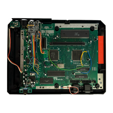 SEGA Genesis Model 1 with top cover removed and Triple Bypass RGB upgrade