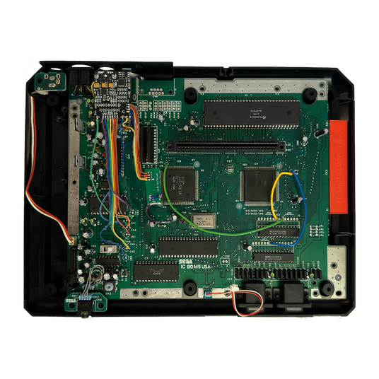 SEGA Genesis Model 1 with top cover removed and Triple Bypass RGB upgrade