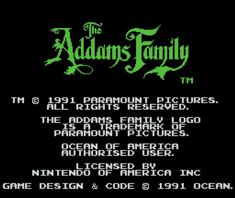 Title screen for The Addams Family for the NES