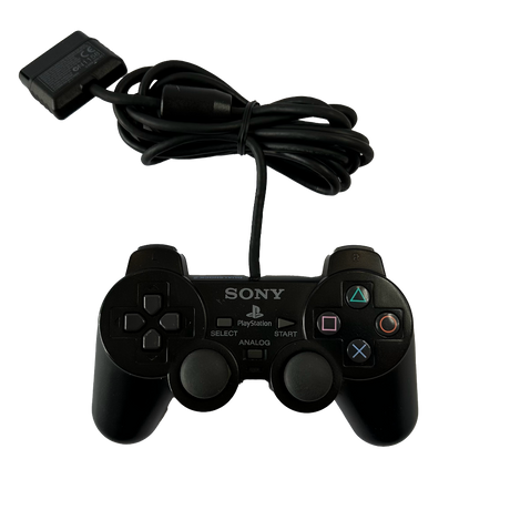 Front of black PlayStation 2 DualShock controller