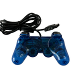 Back of Transparent blue PlayStation 2 DualShock controller