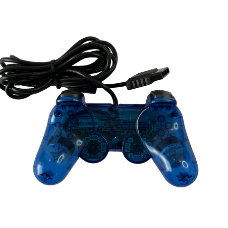 Back of Transparent blue PlayStation 2 DualShock controller