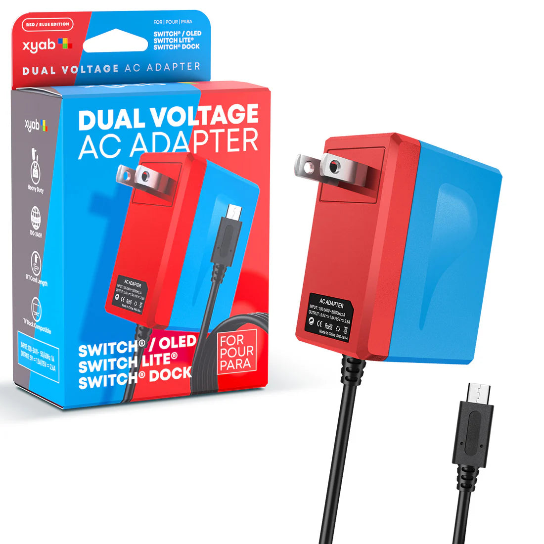 Dual Voltage AC Adapter for Nintendo Switch Consoles - Red/Blue