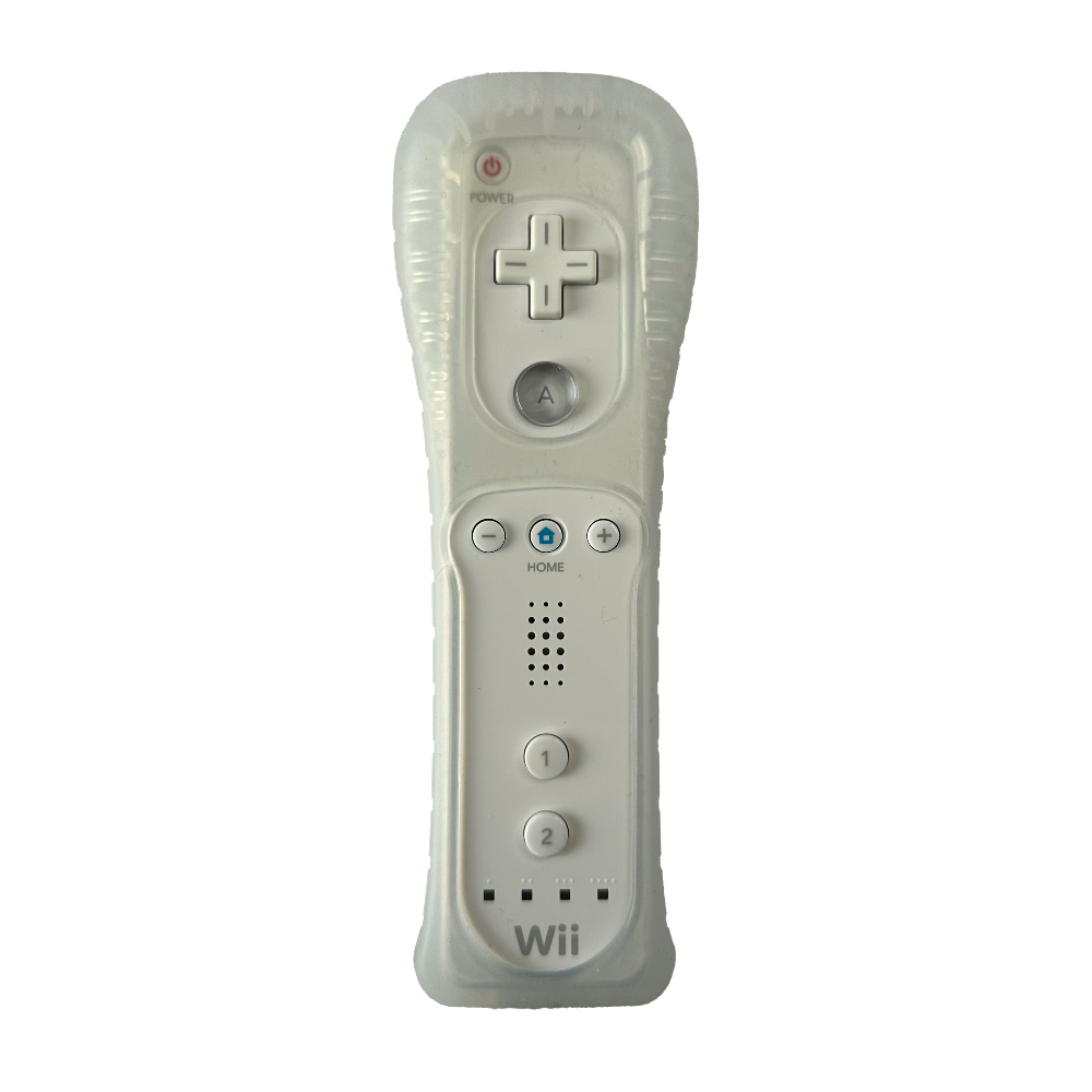 Front of white Wii remote controller with protective rubber cover